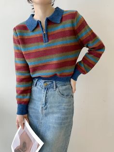 Cropped knitted sweater with a zip-up polo collar and cozy autumnal multicolored stripes. S/M: 15" across shoulders, 37" chest, 17" length Casual Multicolor Sweater With Ribbed Collar, Casual Striped Polo Sweater For Fall, Winter Striped Collared Sweater, Striped Polo Sweater For Fall, Multicolor Ribbed Collar Sweater For Fall, Fall Striped Collared Polo Sweater, Cropped Knitted Sweater, Polo Sweater, Overall Dress