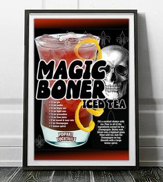 a framed poster with a drink and skull on it