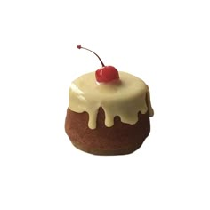 a small chocolate cake with white icing and a cherry on top is shown against a white background