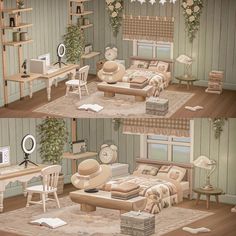 two pictures of a bedroom with furniture and decorations on the walls, in different stages of being decorated