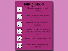 a pink poster with black and white dices on it's side, which reads dirty dice