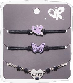 three bracelets with butterflies and hearts on black leather cord, one is for girls