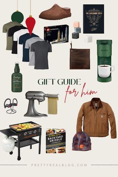 the gift guide for him is displayed in this image