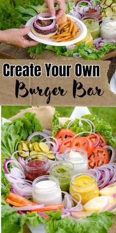 Two images of someone building a burger, and then burger toppings in basket on bottom of image. Bbq For Party, Slider Bar Ideas Mini Burgers, 30th Birthday Barbeque, Family Bbq Decorations Backyards, Hamburger Cookout Ideas, Outdoor Bbq Birthday Party Ideas, Outdoor Burger Bar Party Ideas, Hamburger Party Ideas Summer Burger Bar, Hamburger Station Burger Bar