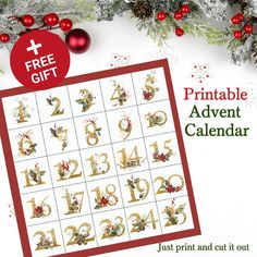 a printable christmas calendar with numbers and ornaments