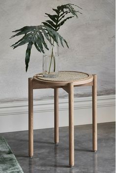 a plant sitting on top of a wooden table next to a glass vase filled with water