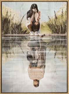 a painting of a woman sitting on the edge of a lake with her reflection in the water