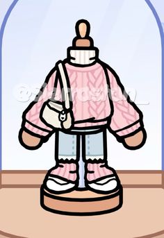 an image of a cartoon doll wearing winter clothes and holding a handbag in front of a glass case