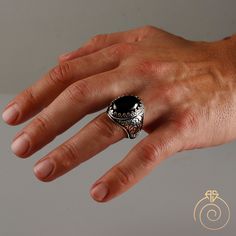 Men's onyx gemstone signet ring which will give you a head turning presence. This mystic, vintage style, engraved ring has a unique design for the polished, refined, and distinguished man. Perfect for casual and formal events, it will make your friends envious as you walk into the room full of confidence and pride. Looking for a unique, one of a kind GIFT FOR HIM, groomsman gift, father's day gift, teacher day gift? Look no further. This cool gemstone ring is the right answer and best gift for a Symbolic Gemstone Rings For Formal Occasions, Engraved Onyx Rings For Gifts, Collectible Onyx Ring Jewelry, Gift Engraved Onyx Rings, Black Symbolic Hallmarked Signet Ring, Handmade Black Signet Ring Collectible, Symbolic Black Oval Jewelry, Spiritual Oval Onyx Rings, Black Engraved Round Ring