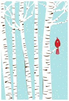 a red bird sitting on top of a tree in the snow next to some white birch trees