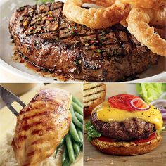 various pictures of food including hamburgers, onion rings, and steak on a plate