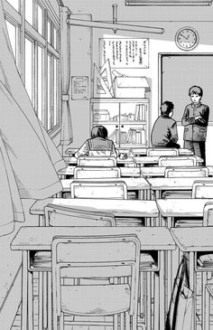 a black and white drawing of students in a classroom with their desks full of books