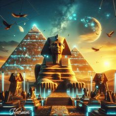 the egyptian pyramids are surrounded by birds and other objects in front of an orange sky