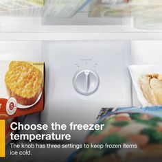 an advertisement for frozen food on the side of a refrigerator with freezer door open