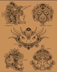 an old school tattoo design with different types of masks on it's face and head