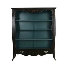 an antique black bookcase with glass doors