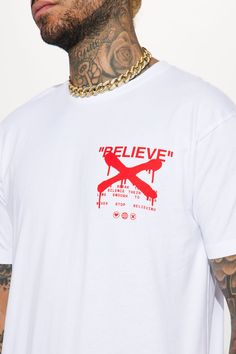 Available In White. Crew Neck Short Sleeve Screen Print Disclaimer: Due To The Printing Process A Difference In Saturation May Occur. Each Garment Is Unique. Print Placement Will Vary. 100% Cotton Imported | Mens Never Stop Believing Short Sleeve Tee Shirt in White size 2XL by Fashion Nova Never Stop Believing, Grunt Style, Boxing T Shirts, White Crew Neck, Jean Top, Mens Graphic Tee, White Fashion, Black Border, Unique Print