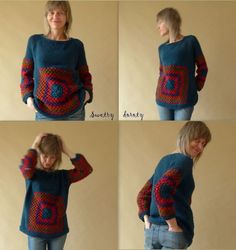 four pictures of a woman wearing a blue sweater with red and green circles on it