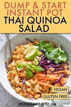 a bowl filled with rice and vegetables next to a fork