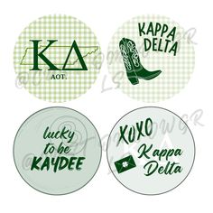 four round stickers with the words kapa delta, lucky to be kapdee and