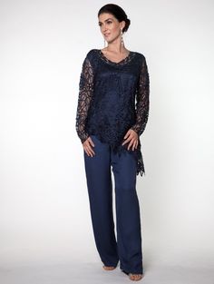 Soulmates C805803 Asymmetrical Hand Crocheted Silk Lace Tunic Top with Pants Set A V-neck chic lace trim and unlined long sleeves, this beaded asymmetrical tunic matching with solid pant is perfect to pack for vacation and cruise. Tops: Silk Pants: Polyester Blend Hand-made Fully-lined Dry Clean Imported Pack For Vacation, Godet Dress, Top With Pants, Cruise Dress, Lace Tunic Tops, Long Sleeve Evening Gowns, Mother Of The Bride Gown, Mother Wedding Dress, Mob Dresses