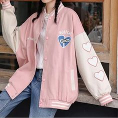 ZENME Heart Baseball Jacket YesStyle Baseball jacket outfit Baseball Jacket Girl, Kawaii Jacket, Baseball Jacket Outfit, Varsity Jacket Outfit, Heart Baseball, Jacket Outfit Women, Jacket Outfit, Oversized Jacket, Baseball Jacket