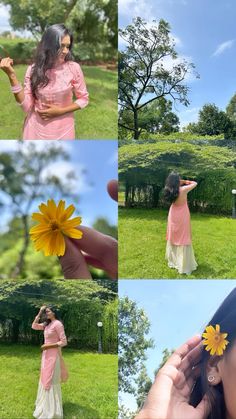 a woman in a pink dress holding a yellow flower