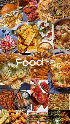 a collage of different food items including pizzas, waffles and other foods