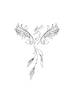 a black and white drawing of a bird with wings on it's back side