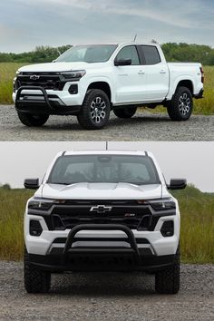 the front and back view of a white truck