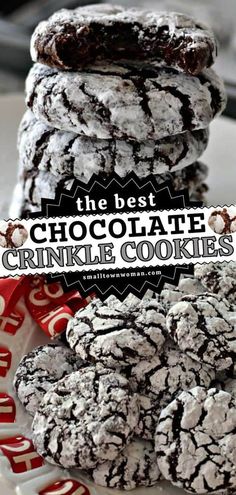 the best chocolate crinkle cookies are stacked on top of each other with text overlay