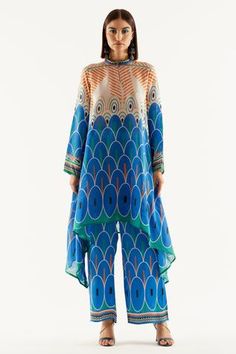 Shop for Rajdeep Ranawat Blue Navya Silk Draped Tunic And Pant Set for Women Online at Aza Fashions Rajdeep Ranawat, Pink Anarkali, Tunics Online, Lehenga Online, Sharara Set, Satin Color, Purple Silk, French Blue, Band Collar