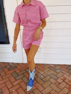 Color: Pink Material: 86% Cotton, 12% Polyester, 2% Spandex Lining: 100% Polyester Fit: True to Size Model is seen wearing a size small in the first photo. Button Up Romper, Spring Rompers, Formal Jumpsuit, Pink Romper, Midi Dress Formal, Pink Rompers, Denim Romper, Swim Shop, Candy Pink