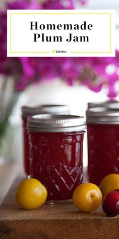 homemade plum jam in jars with lemons and apples