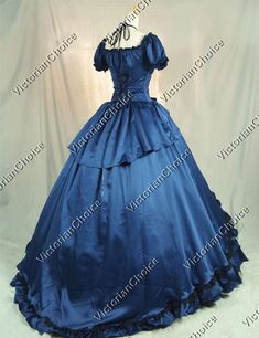 Beautiful and comfortable poly satin ball gown Poly lace up bodice in back to shape body well Ruffled bottom hem Hidden zipper closure on side 45 inches (114 cm) from waist to hem Dry clean ** This dress is pictured with a 6-hoop skirt underneath to achieve the look. Hoop skirts are NOT INCLUDED with our dresses. ** Follow us on our Instagram @VictorianChoice The best way to tell which size fits the best is to measure your own sizes first (bust size with bra and waist size by measuring the narro Vintage Prom Dresses Victorian, Scarlett Ohara Dresses, Saloon Girl Dress, Belle Blue Dress, Masquerade Gown, Victorian Ball Gowns, Victorian Ball, Southern Belle Dress, Scarlett O Hara