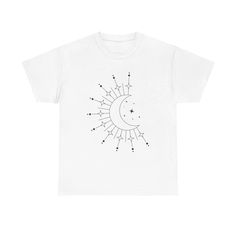 a white t - shirt with the sun and stars on it, in front of a white background