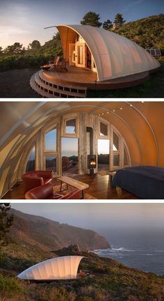 two pictures show the inside and outside of a house with an oval shaped roof on top