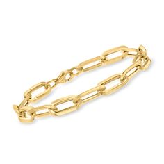 Ross-Simons - Italian 18kt Yellow Gold Paper Clip Link Bracelet. 8". New and noteworthy: the paper clip link bracelet! Finely crafted in polished 18kt yellow gold, this Italian-made beauty is all over everyone's must-have list. Perfectly luxe when worn solo or a great transitional piece to mix with other favorite arm candy. Lobster clasp, 18kt yellow gold paper clip link bracelet. Classic Gold Chain Bracelet, Luxury Yellow Gold Paperclip Bracelet With Gold Chain, Classic Everyday Chain Bracelet With Box Clasp, Classic Chain Bracelet With Box Clasp For Everyday, Formal Gold Bracelet With Oval Link, Classic Yellow Gold Link Chain Bracelet, Classic Gold-tone Chain Bracelet, Classic Gold-tone Oval Link Chain Bracelet, Classic Yellow Gold Box Chain Bracelet