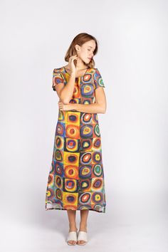 Bohemian Short Sleeve Linen Midi Dress, Bohemian Linen Midi Dress With Short Sleeves, Multicolor Linen Dress For Vacation, Bohemian Midi Linen Summer Dress, Bohemian Multicolor Linen Dresses, Linen Short Sleeve Maxi Sundress, Multicolor Linen Beach Dress, Spring Multicolor Linen Dress, Multicolor Linen Spring Dress