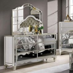 Eliora FOA7890D Silver Glam Dresser By Furniture Of America - sofafair.com Mirrored Dresser, Silver Dresser, 5 Piece Bedroom Set, Mirrored Bedroom Furniture, Mirror Panels, Bedroom Sets Queen, Bedroom Panel, Bedroom Furniture Dresser, Bedroom Mirror