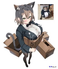 an anime character is holding a box with a cat on it