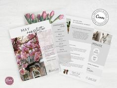 three brochures with pink flowers on them sitting next to each other and the words may annotate