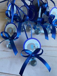 blue and white baby shower decorations with elephants on them