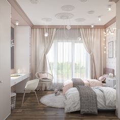 the bedroom is decorated in pink and white