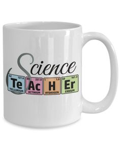 a white coffee mug with the word science on it and an image of teacher's elements