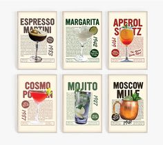 four posters with different types of drinks on them