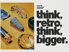 an advertisement for the company think retro, think bigger with glasses and other items on a table