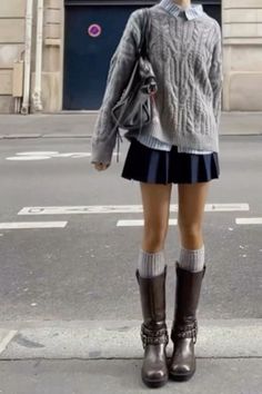 Pleated Plaid Skirt Outfit Summer, Cute Day Time Outfits, Light Tights Outfit, Short Leather Boots Outfit, Cool Skirt Outfits Street Styles, Leather High Heel Boots Outfits, Fall Outfits Miniskirt, Jean Skirt With Tights Outfit, Miniskirt Winter Outfit