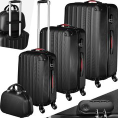 This practical suitcase set from tectake consists of four different sized wheeled luggage suitcases and a beauty case in a beautiful metallic look, and is ideal for all kinds of journeys - no matter where youre going, with whom and for how long. The suitcases can be stacked inside each other which makes them super easy to store at home.  The lightweight plastic hardcase trolleys feature reinforced edges that make these suitcases on wheels even more resistant to knocks and shocks whilst on travel. The clever internal partitioning with mesh compartment, elastic belt and separating wall as well as the three-figure combination lock ensure order and safety. The ergonomic telescopic handle, the side handles and the 360 castor wheels guarantee simple, convenient handling of this suitcase set from Suitcase Set, Vintage Suitcase, Train Case, Beauty Case, Combination Locks, Luggage Sets, Road Trip Usa, Travel Tours, Train Travel