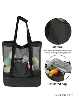 the large mesh tote bag is filled with various items